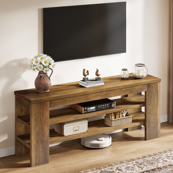 media console, tv console table, entertainment center, wood tv stand, living room furniture, lifestyle, calm, trustworthy, neutral, brown